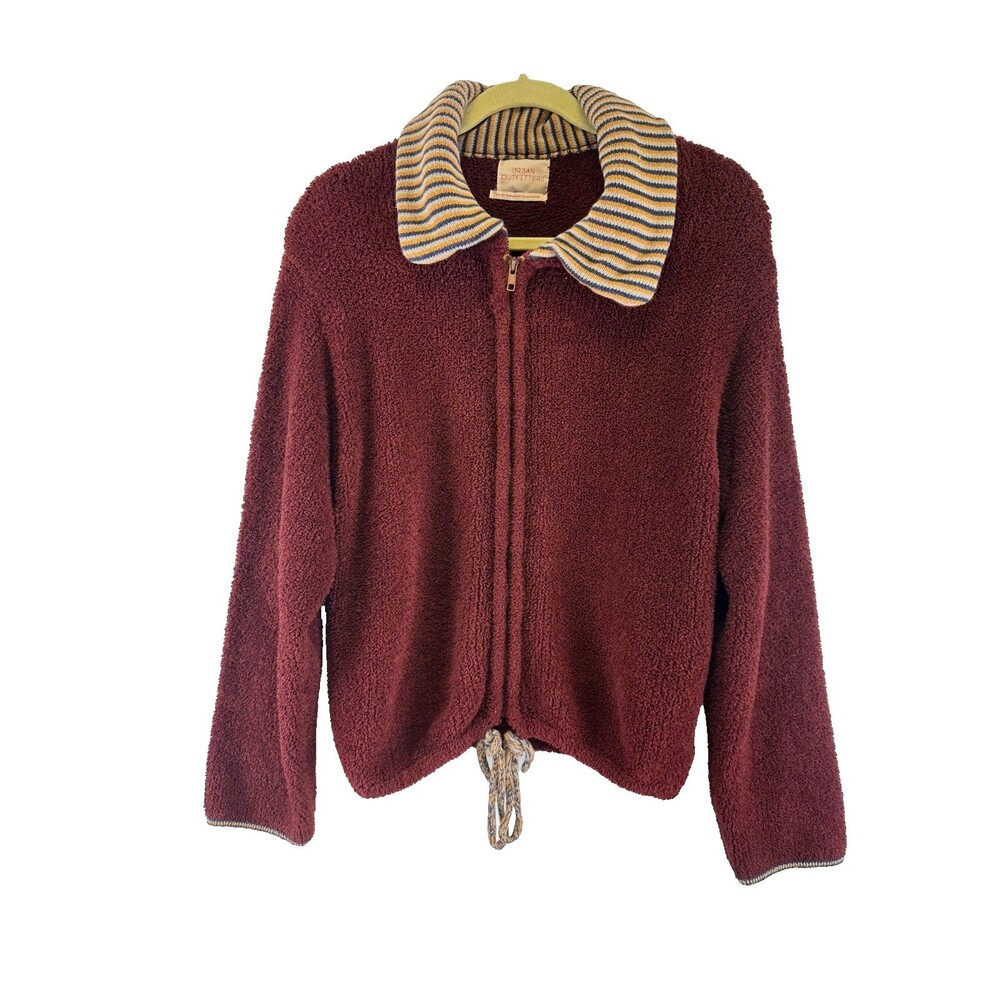Urban Outfitters Chenille Full Zip Sweater Striped Knit Collar Burgundy Plush M